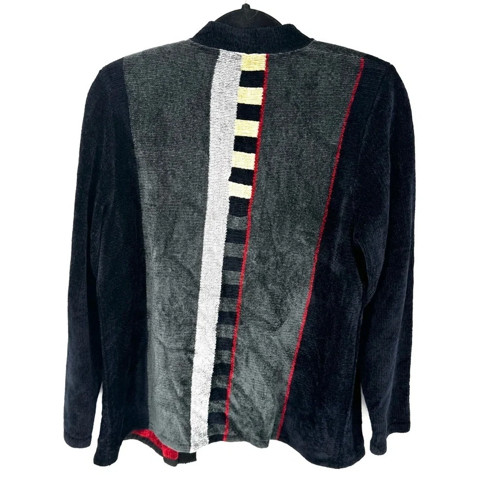 Mina Norton chenille vintage abstract, asymmetric pattern cardigan sweater
